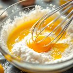 Uova sbattute con zucchero in ciotola con frusta