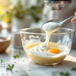 Yogurt aggiunto al composto di uova e zucchero in ciotola