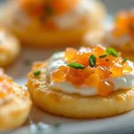 Blinis serviti con panna acida e uova di lompo