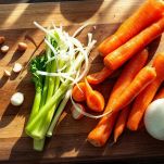 Verdure pulite su tagliere pronte per il brodo.
