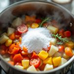 Pentola con verdure immerse in acqua sul fuoco.