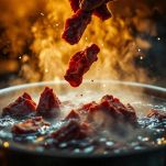 Pentola con carne e gallo che cuociono nel brodo.