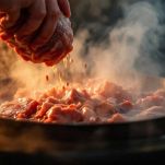 Carne immersa nel brodo in ebollizione.