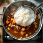 Schiuma rimossa dal brodo con un mestolo.