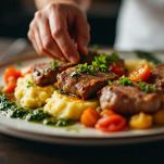 Carni del bollito affettate su vassoio.