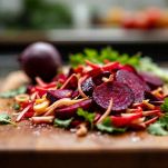 Barbabietole tagliate e carne rosolata in pentola.