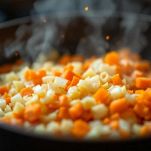 Soffritto di cipolla e carote con barbabietole in pentola.