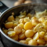 Patate e cavolo aggiunti nella zuppa di barbabietole.