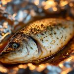 Branzino disposto su alluminio e chiuso a cartoccio