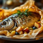 Branzino al cartoccio servito nel suo involucro