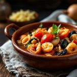 Cacciucco servito con pane tostato.