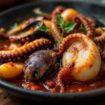 Pesce misto nel tegame con pomodoro e vino.