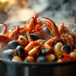 Zuppa di pesce che cuoce nel tegame.