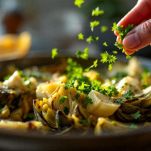 Aggiungete il prezzemolo tritato, mescolate e spegnete il fuoco. Servite i carciofi trifolati caldi o tiepidi.