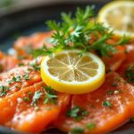 Salmone marinato decorato con erbe e agrumi