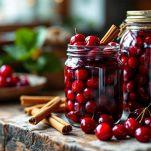 Vasetti riempiti con ciliegie e cannella.
