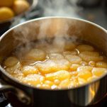 Pentolino con sciroppo di zucchero in cottura.