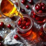 Vasetti con ciliegie coperti da sciroppo e alcol.