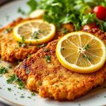 Cotoletta alla milanese servita con limone.
