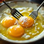 Uova sbattute in un piatto.