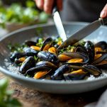 Sgusciate le cozze tenendo da parte le valve e l’acqua di cottura filtrata.