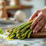 Asparagi freschi mentre vengono puliti sul tagliere.