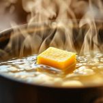 Pentola con acqua e dado vegetale in cottura.