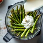Asparagi frullati con panna nel frullatore.
