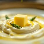 Burro che si scioglie nella crema di asparagi.