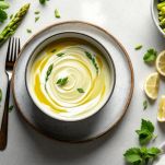 Crema di asparagi servita in una ciotola.