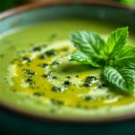 Crema di piselli con olio e menta in ciotola.