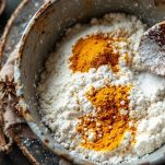 Farina, curcuma e zucchero in ciotola