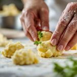 Mani che modellano crocchette di patate