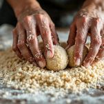 Crocchette di riso crude ricoperte di pangrattato.