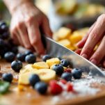 Frutta fresca tagliata su tagliere.