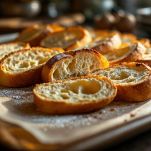 Fette di baguette su teglia nel forno