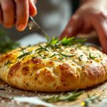 Focaccia condita con olio e rosmarino prima della cottura.