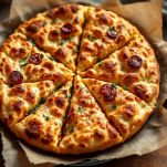 Focaccia appena sfornata pronta da servire.