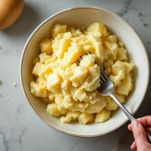 Patate lesse schiacciate in una ciotola.