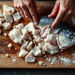 Baccalà cotto pulito su tagliere.