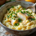 Impasto di baccalà e patate in ciotola.