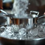 Crema appena cotta che si raffredda rapidamente in un contenitore con cubetti di ghiaccio