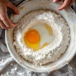 Farine, uovo e latte in ciotola