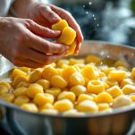 Gnocchi di pane crudi su piano di lavoro.