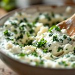Ricotta e spinaci mescolati in una ciotola.