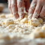 Gnocchi verdi crudi infarinati su piano.