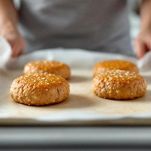 Hamburger crudi disposti sulla teglia.