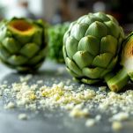 Carciofi freschi mentre si taglia la parte inferiore del gambo per eliminare le parti fibrose