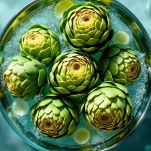 Carciofi freschi immersi in acqua per mantenerli croccanti ed evitare che anneriscano