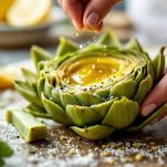 Insalata di carciofi crudi mentre viene condita con olio extravergine e succo di limone